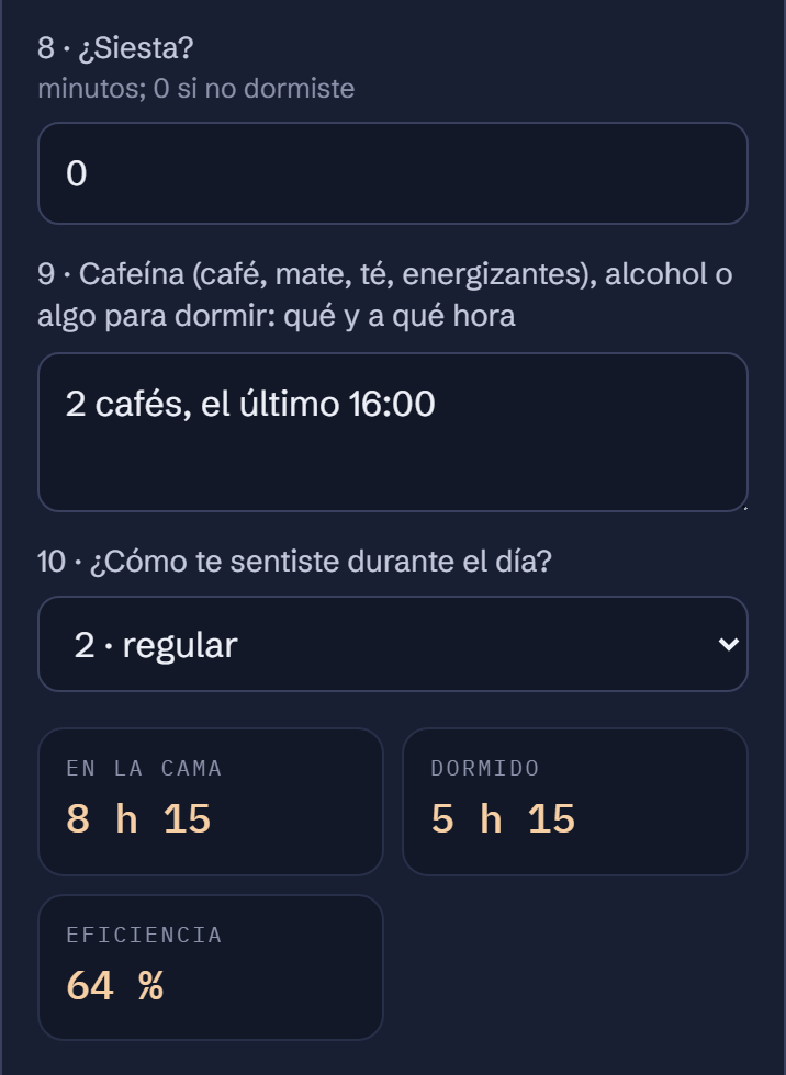 El diario de sueño de Noche Clara con la noche de ejemplo del manual: 8 h 15 en la cama, 5 h 15 dormido, 64 % de eficiencia