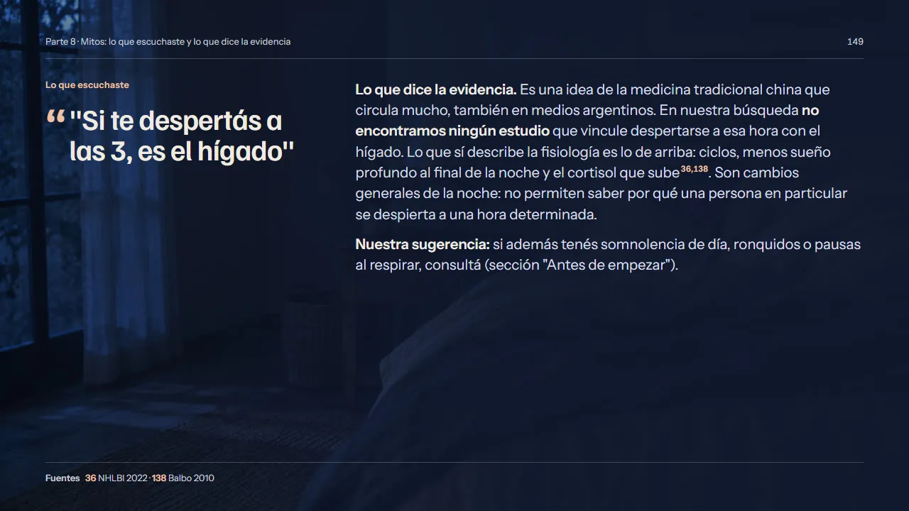 Lámina 149 de Noche Clara, Parte 8 · Mitos: «Si te despertás a las 3, es el hígado»